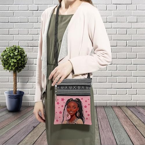 African American Messenger Bag Small Ethnic Pattern Printed Adjustable Strap Crossbody Zipper Pouch Pink Star Phone Organizer Wallet Cute Shoulder Handbag for Black Women3