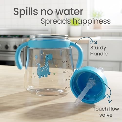 Image of LuvLap Joy Anti Spill Sipper for Kids with Twin Easy-Grip Handles, 270 ml, Sippy Cups with Soft Silicone Straw, Training Cup for Kids,Water Bottle, Non-Toxic & BPA Free, 1 Year+ (Blue)