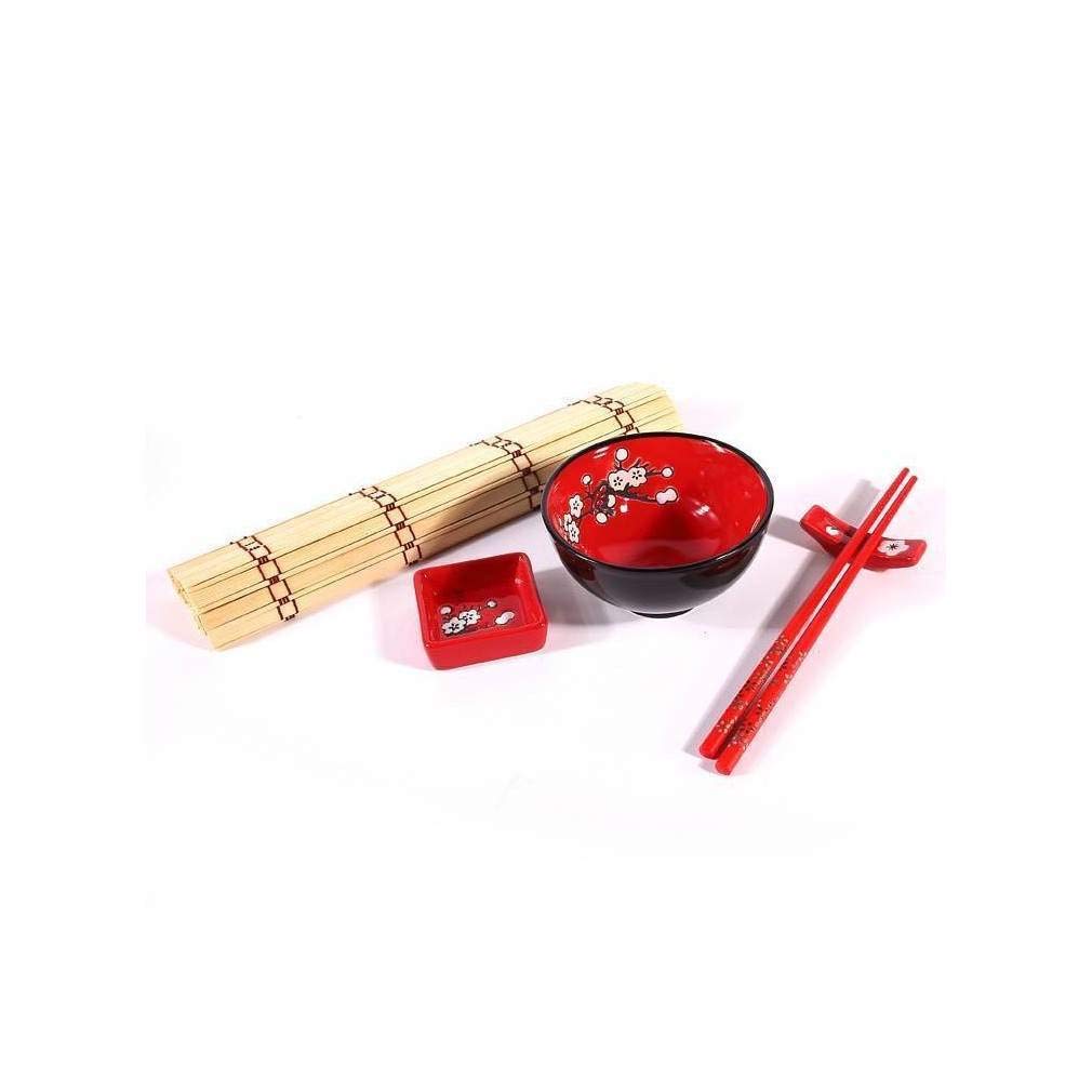 lachineuse - Set di riso tradizionale giapponese - Per 2 persone - Porcellana - Ciotole, pentole, bacchette e tappetino di bambù - Nero e rosso - Stoviglie cinesi - Regalo di porcellana asiatica