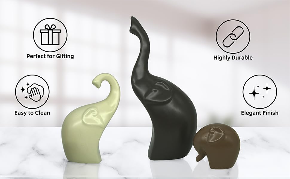 Image of NOSCOMP Home Decor Elephant Family Statue Ceramic Figures Showpieces for Home Decor - (Set of 3, Black, White, and Ginger)