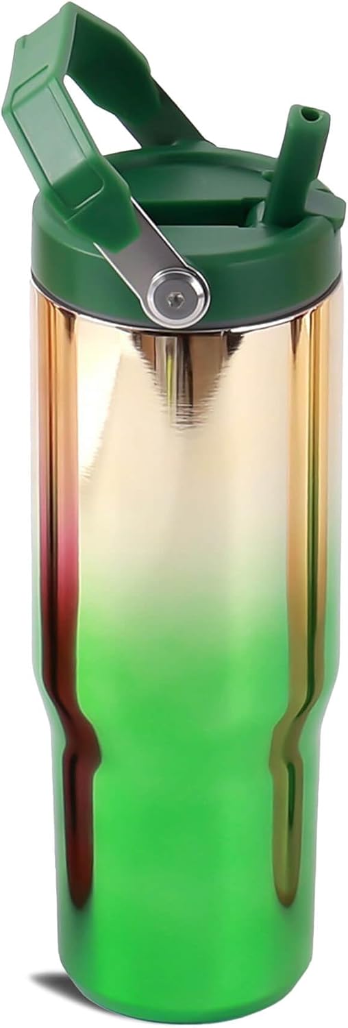 30 oz Tumbler with Handle and Flip Straw, Stainless Steel Vacuum Insulated Water Bottle Travel Mug Thermal Cup Mirror Emerald Champagne