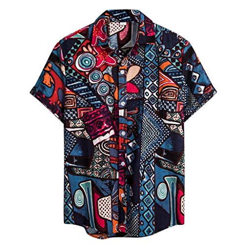 GDJGTA Shirts for Mens Hawaiian Printed Cotton Linen Loose Short Sleeve Casual Buttons T-Shirt