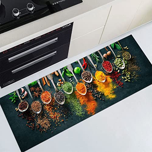 Fchen art Tapis de cuisine arrière antidérapant motif épices et cuillères, grand paillasson décoratif pour maison, porte d’entrée, couloir, chambre, cuisine 150 x 60 cm