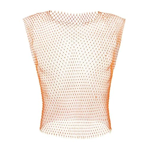 WOYUANSHA Hombres Fishnet Sexy Tank Tops Rhinestone Brillante Transparente Hueco Chaleco Malla Sin Mangas Camiseta Ropa Transparente M Naranja
