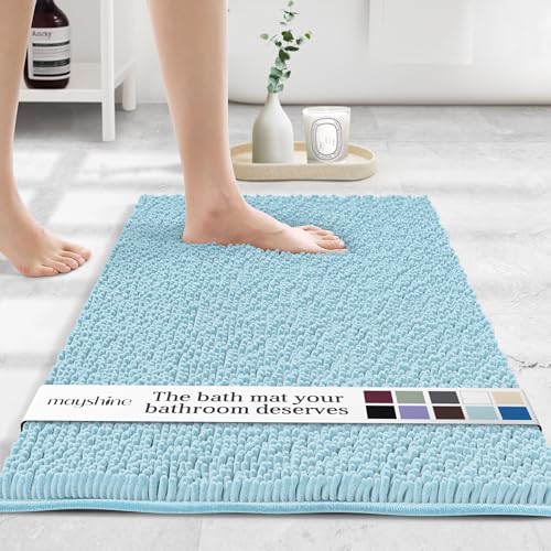Image of Small Plush Shaggy Chenille Bath Mat 23 inchx14 inch Extra Soft, Super Absorbent, Non-Slip Bathroom Rug | Fluffy Microfiber, Area Rug Sets for Bathroom Floor, Kitchen, Living Room | 23 inchx14 inch | Spa Blue
