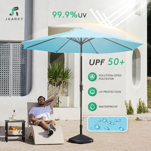 Image of JEAREY 9FT Patio Umbrellas Outdoor Table Umbrella with Push Button Tilt and Crank, Market Umbrella 8 Sturdy Ribs UV Protection Waterproof for Garden, Deck, Backyard, Pool (Sky Blue)