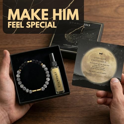Image of 5 Senses Co. Luxury Starlight Bracelet Gift Set Combo for Men | Gift for Father, Brother, Boyfriend, Friend, Birthday | Certified Natural Stone Crystals Bracelet with Metallic Inserts & Long Lasting Luxurious Stardust Perfume | Birthday Card