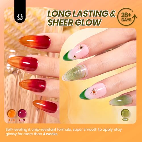 Image of Beetles Jelly Gel Nail Polish Set - 6 Colors Jelly Gel Polish Kit Yellow Orange Burgundy Red Purple Green Sheer Translucent Soak off UV Nail Art Manicure Gift for Women