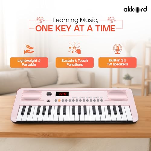 Image of Akkord 37 Keys Music Keyboard - Pink Edition | MIDI USB-C, Touch Response, 200 Rhythms,Tones & 40 Demos, LED Display, Portable Beginner Piano Compatible with GarageBand.
