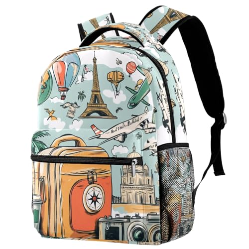 KengjuTesu Mochila de viaje para campus con diseño retro de edificios del mundo, mochila escolar con soporte para botellas para niñas y niños, Multicolor 5, Talla única