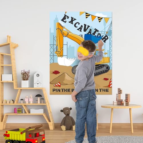Image of WERNNSAI Pin the Bucket on the Excavator Construction Party Game | Construction Birthday Party Supplies,Truck Party Activity for Kids Boys,28 inch x 21 inch Truck Poster with 24 Stickers and Blindfold