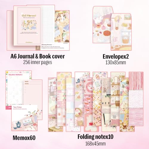 Image of The AutoStory Vintage Scrapbook Album Kit - A6 Junk Journal Notebook with Aesthetic Stickers, Collage Paper Pack & Washi Tape - DIY Journaling Supplies Gift for Teens & Girls (Chill Moment, Pink)