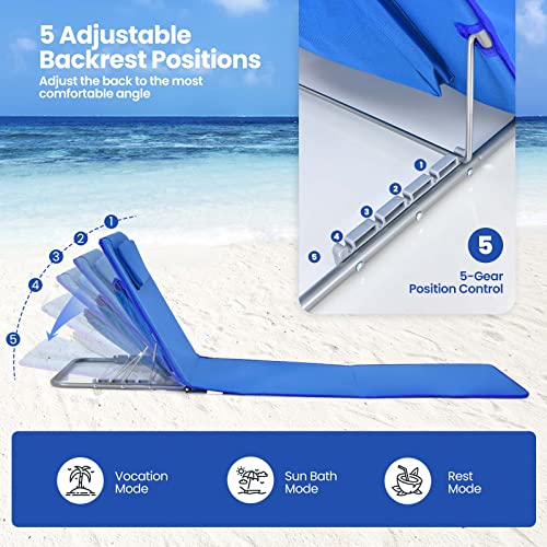 Image of Giantex Beach Chairs for Adults 2 Pack Set with Side Table, Folding Lounge Chairs, 5 Position Adjustable Lawn Chair for Sunbathing, Patio Chaise Lounge Lightweight Backpack Camping Chairs (Navy)