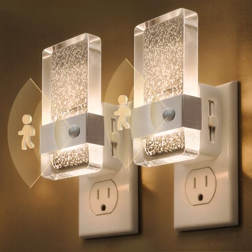 Image of L LOHAS LED Motion Sensor Night Light, Night Light Plug Into Wall 2 Pack | Silver Nightlight, Motion Activated and Dusk to Dawn Sensor, 0-100LM Dimmable, Warm White Nightlights for Bathroom, Hallway