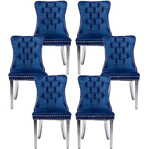 Rhomtree Tufted Dining Chair Modern Velvet Chairs for Dining Room Upholstered Dining Chairs with Nailhead Rivet Trim Pull Back Ring for Kitchen Dining Room (Blue with Silver Steel Leg, Set of 6) Cover
