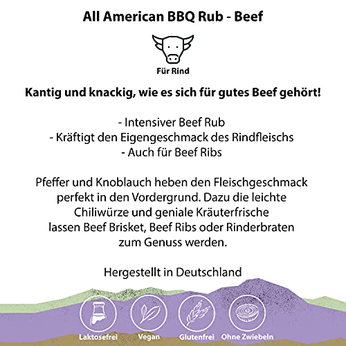 Royal Spice All American BBQ Beef Rub 350 g – Trockenmarinade für Brisket, Ribs & Rinderbraten – Authentische BBQ Würzmischung mit Pfeffer, Knoblauch & Chili – Für kraftvolles Beef Aroma vom Grill