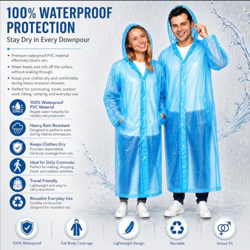 Image of OTOROYS Waterproof Long Rain Coat with Hood for Men, Women, Boys & Girls | Universal Full Length Reusable PVC Raincoat | Lightweight Portable Rain Ware for Bike Riding, Travel & Outdoor, Blue