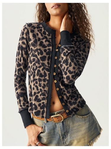 GORGLITTER Women's Leopard Cardigan Sweaters Y2K Long Sleeve Button Up Crewneck Rib Knit Tops4