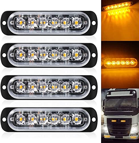 DEFVNSY - Pacote de 4 luzes estroboscópicas ultra-finas de cor âmbar de 6 LED - barra de luz de emergência 18 luz estroboscópica led de modo intermitente 12 V - 24 V para camião universal Vehivle