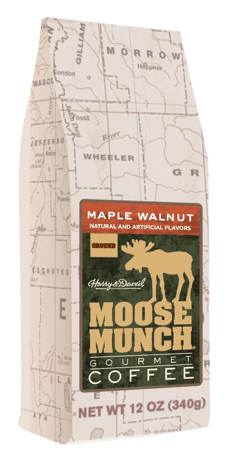 Moose Munch Maple Walnut Ground Coffee – 2 Pack, 12 oz Bags – Sweet Maple Flavor with Nutty Walnut Flavored Medium Roast Coffee