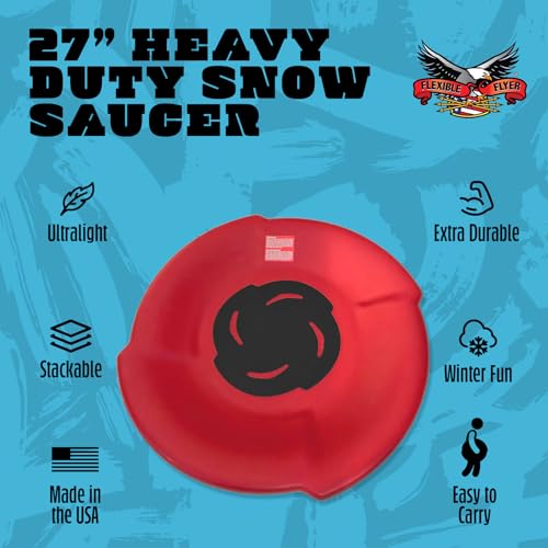 Flexible Flyer 27" Roto-Molded Heavy Duty Sledding Saucer — Premium Lifetime Winter Sled for Kids & Adults, Lightweight, Impact Resistant, Round Plastic Sled with Grip Handles (Red)