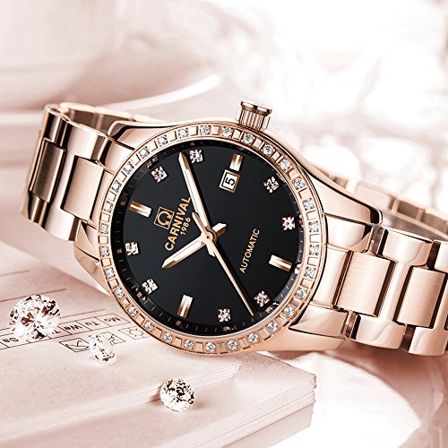 Image of Women's Diamond Automatic Mechanical Rose Gold Stainless Steel Sapphire Waterproof Lady's Elegant Blue Watch