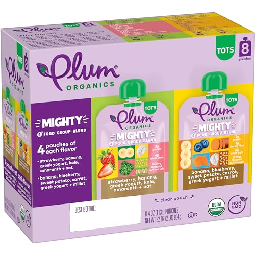 Plum Organics Variety Pack 12+ Months - Mighty 4 Food Group Blend - Organic Fruit and Veggie Toddler Food Pouches - 4 oz Pouch (Pack of 8)