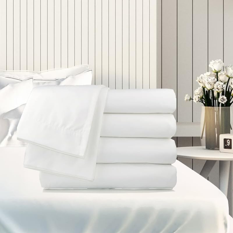 Image of 400 TC Cotton Plain Stripe Double Queen Size Bedsheet with 2 Pillow Cover (White)