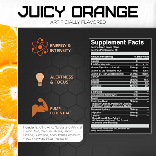 Image of RIVAL NUTRITION Powder Burn Pre-Workout Energy Powder for Men and Women I 3g L-Citrulline, 1.6g Beta-Alanine, 625mg Electrolytes, 200mg Natural Caffeine Per Serving I 30 Servings (Juicy Orange)