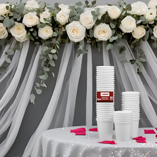 Image of Paper Cups 50 Pcs, Disposable Cups, 150 ML Hot & Cold Beverage Tea, Cofee, Water Cups for Parties, Events, Offices, and Homes, White