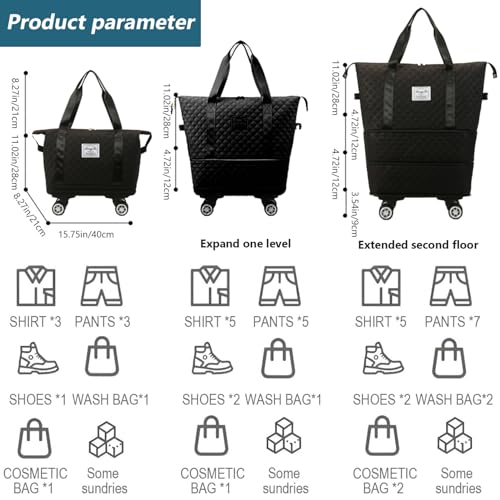 Rolling Duffle Bag with Wheels and Handle, Expandable Foldable Luggage Bag, Dry and Wet Separation Rolling Bag, Zipper Travel Carry on Bag for Gym,Camping,Travel Black Clothing.3