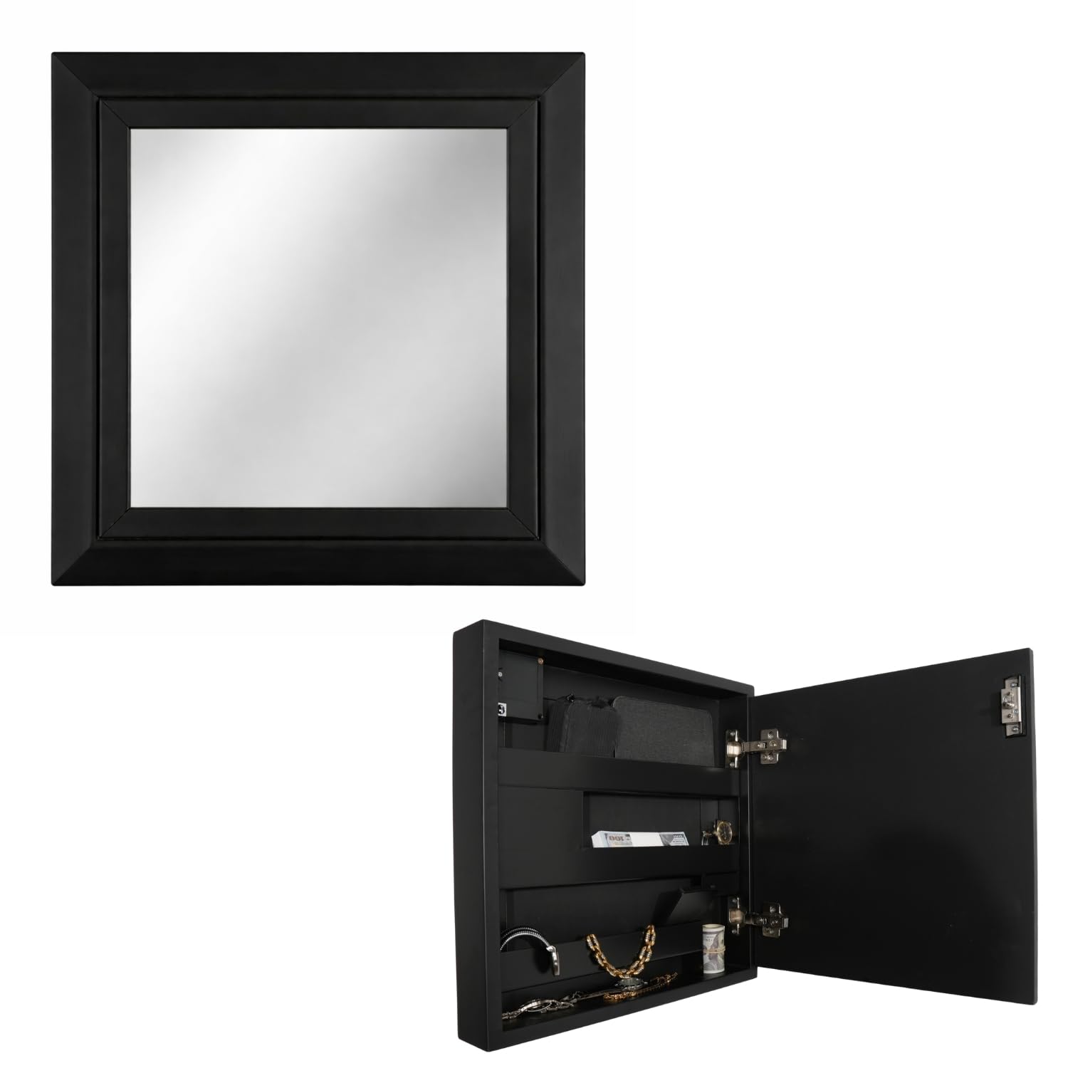 Beetle Wood - Black Mirror with Secret Compartment and Double Hidden Bottom | Camouflage Safe with NFC/RFID Lock | Security Cabinet for Jewelry, Money and Documents | Assembled