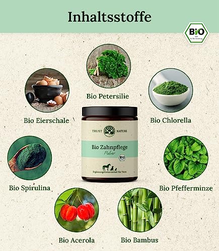 Trust Nature | Bio Zahnpflege Pulver für Hunde & Katzen | gegen Plaquebildung | fördert frischen Atem | Bio Petersilie, Bio Minze, Bio Spirulina, Bio Chlorella, Bio Bambus, Bio VIT C