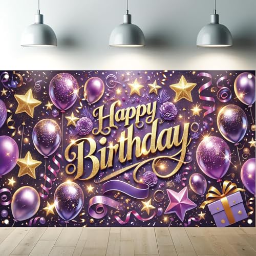 Starlit Patio Purple Happy Birthday Backdrop Banner Balloon Shining Diamond Photography Background Birthday Decoration Banner for Women Lady Bday Party Decorations Photo Booth Supplies 71x43 Inch