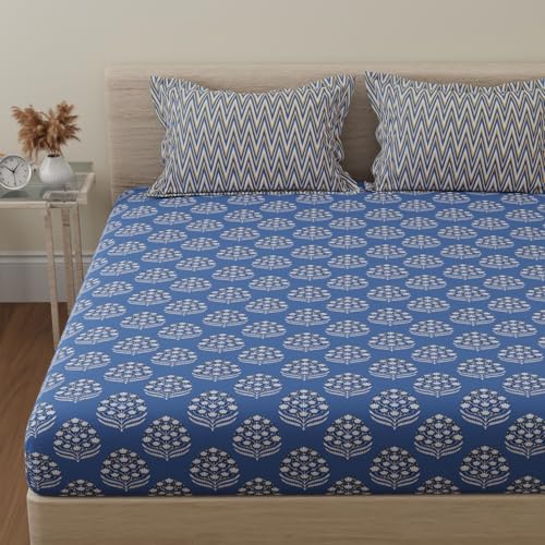 Image of Huesland by Ahmedabad Cotton 144 TC Cotton Elastic Fitted Bedsheet King Size with 2 Pillow Covers | 72 x 78 inches