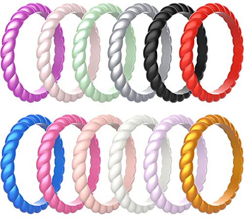 Zollen 12 Packs Silicone Wedding Rings for Women, Thin Braided Rubber Wedding Bands Stackable Ring, Hypoallergenic Silicone