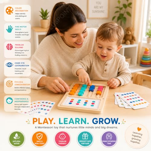 Image of PLUSPOINT Wooden Slide Puzzle Brain Teaser for Kids Ages 4-10 - Colour Matching Board Game, Educational Learning Toy & Travel Activity for Boys & Girls
