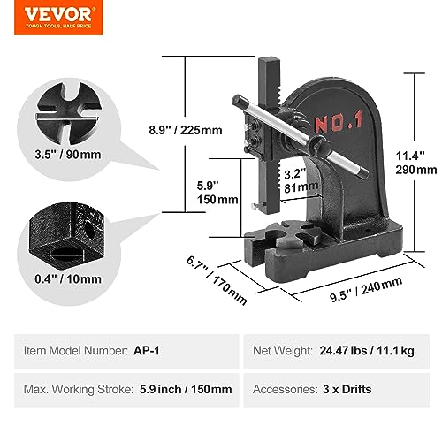 Image of VEVOR Arbor Press, 1 Ton Manual Arbor Press, 5.9 inch Maximum Height, Cast Iron Heavy-duty Manual Desktop Arbor Press, Precision Hand Press for Stamping, Bending, Stretching, Forming
