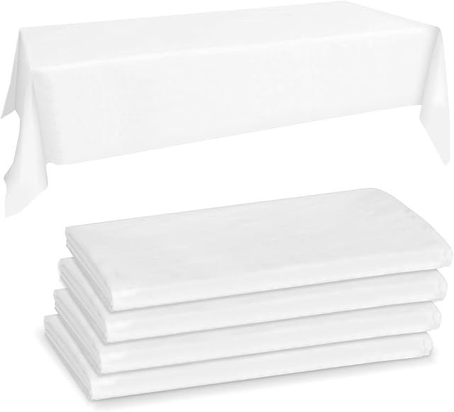 Skycase 4 Pack Disposable Plastic Tablecloths, Plastic Rectangle Pure White Tablecloths for Indoor or Outdoor Tables Parties Christmas Picnic Birthdays and Weddings