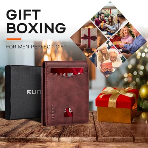 Image of RUNBOX Wallet for Men Slim Leather Bifold RFID Blocking Minimalist Front Pocket Design with Gift Box | Minimalist Front Pocket Design, Holds 8 Cards, RFID Protection, Gifts for Men on Birthdays, Father's Day, and Christmas