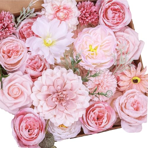 BSMYBO Roses Artificial Flowers Combo Pink Flower Bouquets Box with Stems for DIY Bridal Wedding Bouquets, Baby Shower Decorations Fake Floral Arrangements Table Centerpieces Home Decor Indoor