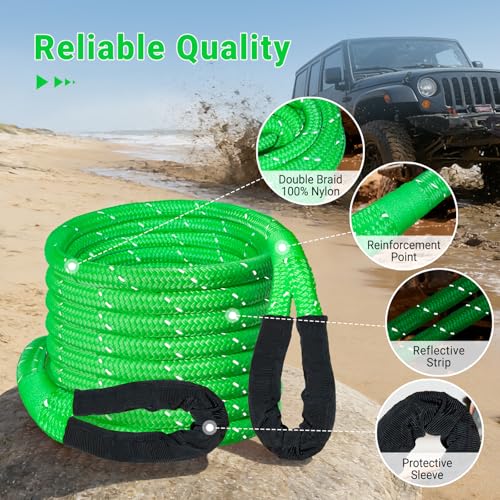 Image of Kinetic Recovery Rope 7 /8 inch x 30ft,48600lbs Breaking Strength Kinetic Tow Rope,Heavy Duty Recovery Rope with 2pcs Soft Recovery Shackles for Off-Road,Trucks,Jeep,SUV, ATV, UTV,Tractor