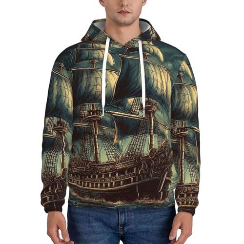 Men's Fleece Pullover Hoodie Long Sleeve Hooded Nautical Vintage Sailing Pirate Ship Sweatshirt Casual Shirts With Pockets Medium Black2