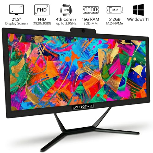 Image of STGSivir All in One Desktop Computer, 21.5 inch FHD Display, Intel Core i7 up to 3.9G, 16GB RAM, 512GB SSD, WiFi 5, BT, RGB Keyboard & Mouse, Webcam, Windows 11 Home