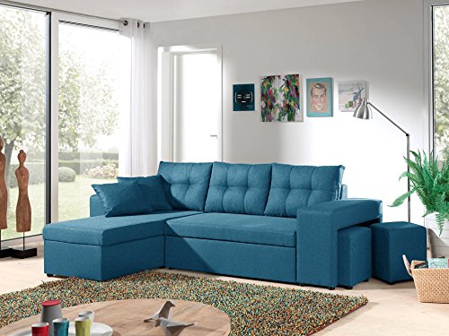 Bestmobilier - California - Canapé d'angle réversible et Convertible avec Coffre de Rangement - 246x85x145cm - Bleu Canard