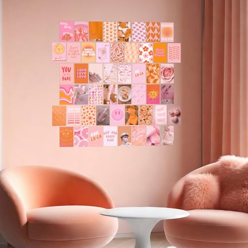 Peach Pink Wall Art Collage Kit - Aesthetic Dorm Room Decor for Teen Boys & Girls (50pcs 4x6 Inch) - 50 Pieces of Pink & Orange Room Decor
