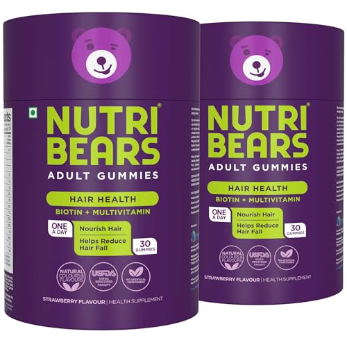 Image of NutriBears Biotin Hair Gummies with Multivitamin, Enhance Growth and Strength, Nourishing Anti-Loss Vitamin Supplement for Thinning, Weak, or Brittle Hair, 60 Gummy Chewables, 2-Pack
