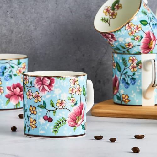 Image of GOLDEN QUEEN'S Handcrafted Tea Cups - Set of 6 | Ideal for Everyday Tea and Coffee, Enhancing Your Daily Rituals (Blush Blossom in Blue)