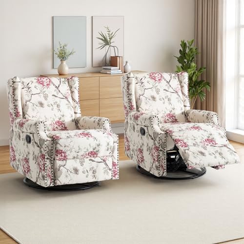 Image of Swivel Rocker Recliner Chair Set of 2, 360 Swivel Wingback Recliner Chairs for Adults, Upholstered Printed Fabric Glider Rocking Chair with High Back, Deep Seat for Living Romm Bedroom, Plants Floral