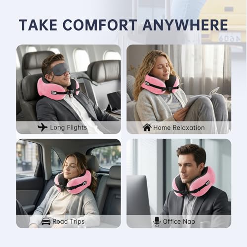 Image of Neck Pillow Travel Pillow - 100% Pure Memory Foam Airplane Pillow with Adjustable Clasp & Removable Cover, Portable Travel Essentials for Long Flights, Car & Office (Pink, with Eye Mask)